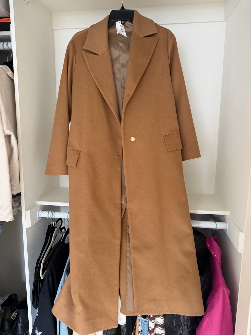 Tailored Long Camel Trench Coat with Single Button